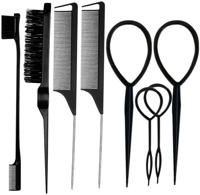 Main image of 8Pcs Black Hair Brushes Set with 4Pcs Topsy Tail Tools, Teasing Bristle Brush, Edge Control Brush, and 2Pcs Metal Pin Rat Tail Combs for Women's Hair Styling and Brushing