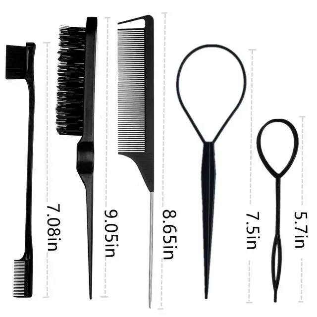 Alt view image 6 of 6 - 8Pcs Black Hair Brushes Set with 4Pcs Topsy Tail Tools, Teasing Bristle Brush, Edge Control Brush, and 2Pcs Metal Pin Rat Tail Combs for Women's Hair Styling and Brushing