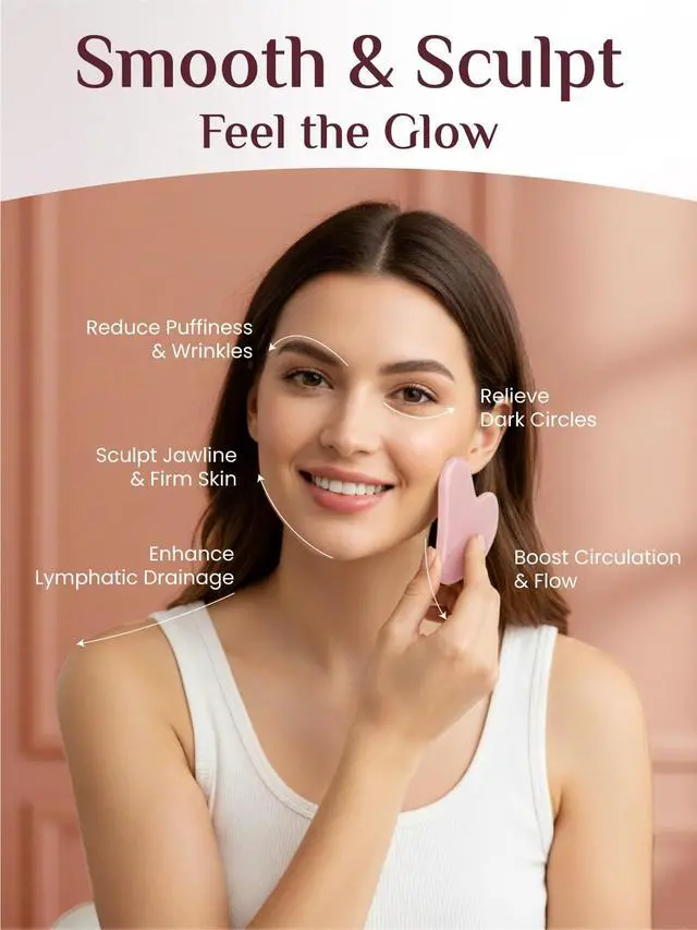 Alt view image 3 of 5 - Gua Sha Facial Tools, Rose Quartz Guasha Tool for Acupuncture, Manual Massage Tool for Jawline Sculpting and Puffiness Reducing, Gua Sha Facial Massage Tool, Skin-Care Gift (Pink)