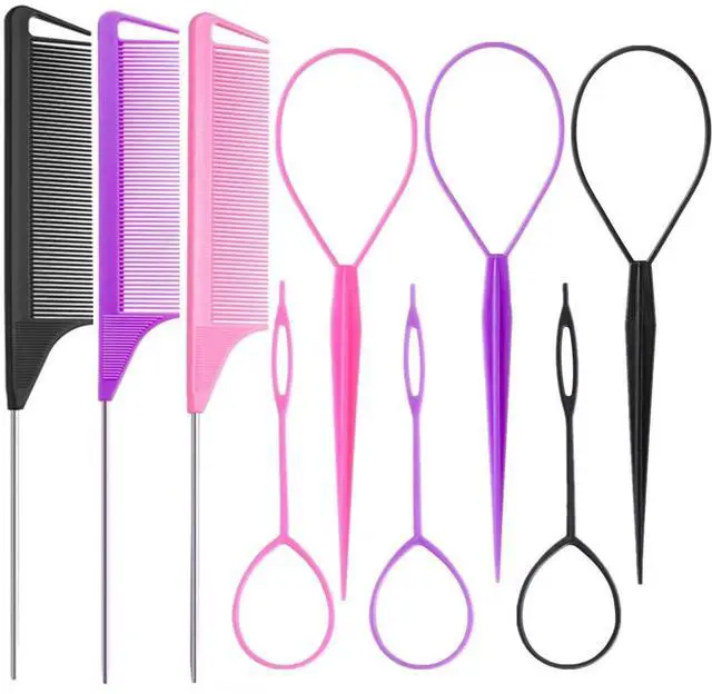 Main image of 9pcs Hair Tail Tool and rat tail comb set,6pcs French Braiding Tool ring,3Pcs Metal Parting Combs,Woman Girl Hair Styling (Pink,Purple, Black)