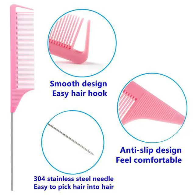 Alt view image 3 of 4 - 9pcs Hair Tail Tool and rat tail comb set,6pcs French Braiding Tool ring,3Pcs Metal Parting Combs,Woman Girl Hair Styling (Pink,Purple, Black)