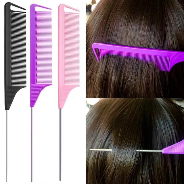 Alt view image 2 of 4 - 9pcs Hair Tail Tool and rat tail comb set,6pcs French Braiding Tool ring,3Pcs Metal Parting Combs,Woman Girl Hair Styling (Pink,Purple, Black)