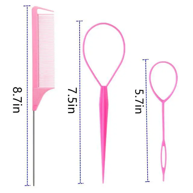 Alt view image 4 of 4 - 9pcs Hair Tail Tool and rat tail comb set,6pcs French Braiding Tool ring,3Pcs Metal Parting Combs,Woman Girl Hair Styling (Pink,Purple, Black)