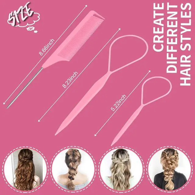 Alt view image 2 of 6 - TsMADDTs Hair Styling Tool Set - 3 Pcs French Braid Tool, Rat Tail Comb, and Metal Braiding Pin in Pink | Durable Plastic and Metal, For DIY Styling, Home or Travel, For Women and Girls, 2PCS Hair Loo