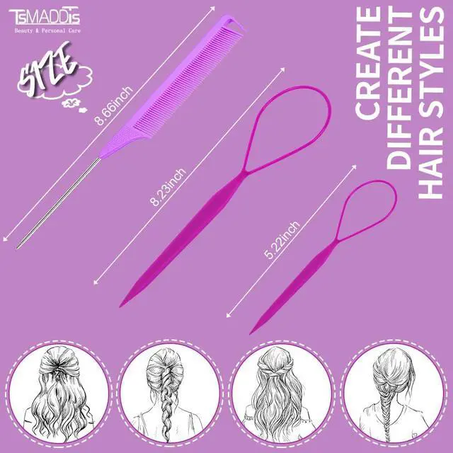 Alt view image 3 of 6 - Hair Loop Tool, French Braid Tool for Hair Styling, Daliy or Dance | Durable Plastic, DIY Hair Styling, Daily at Home, Salon, For Girl, Women and Dancer, Topsy Tail Hair Tools with Rat Tail Comb