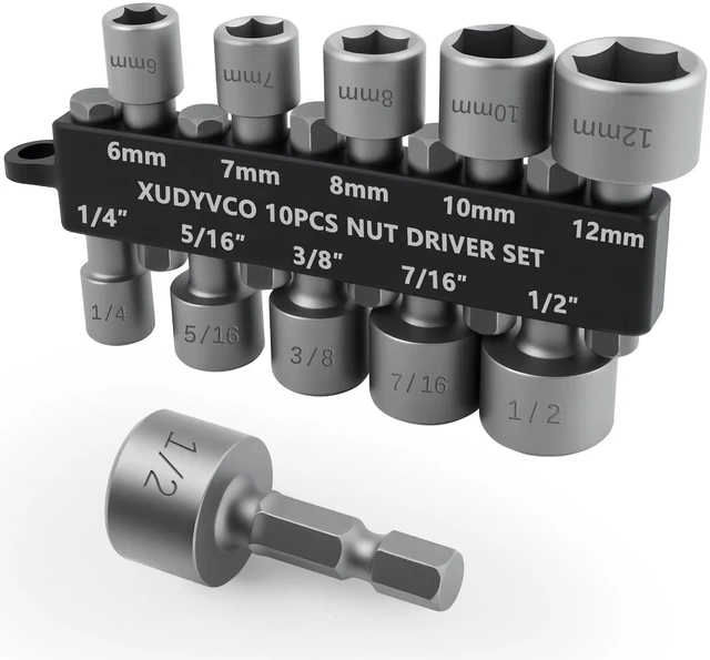 Main image of XUDYVCO 10PCS Power Nut Driver Set for Impact Drill, 5 Metric & 5 SAE | Drill Socket Set with Tight Fit Storage Holder, Nut Drivers Bit Set with Ridge Design 1/4 Hex Shank for Wide Compability
