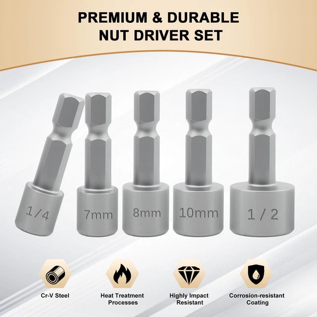 Alt view image 2 of 7 - XUDYVCO 10PCS Power Nut Driver Set for Impact Drill, 5 Metric & 5 SAE | Drill Socket Set with Tight Fit Storage Holder, Nut Drivers Bit Set with Ridge Design 1/4 Hex Shank for Wide Compability