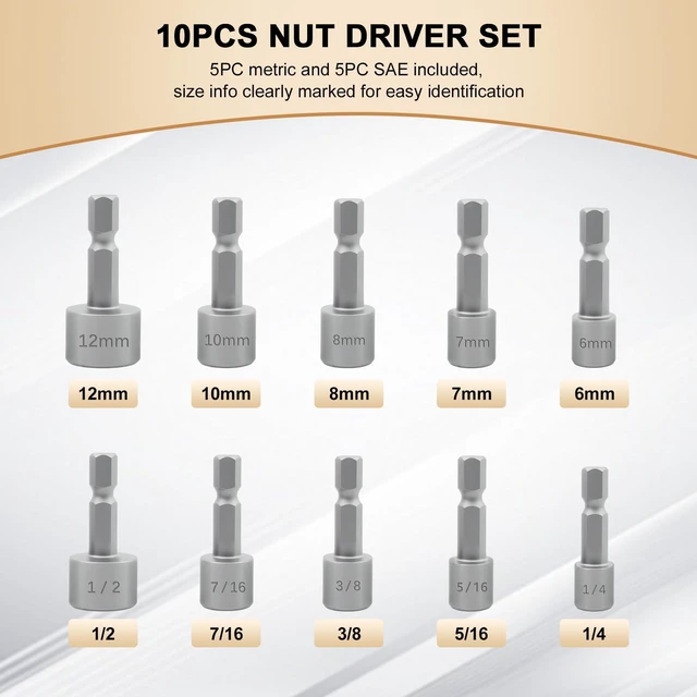 Alt view image 3 of 7 - XUDYVCO 10PCS Power Nut Driver Set for Impact Drill, 5 Metric & 5 SAE | Drill Socket Set with Tight Fit Storage Holder, Nut Drivers Bit Set with Ridge Design 1/4 Hex Shank for Wide Compability