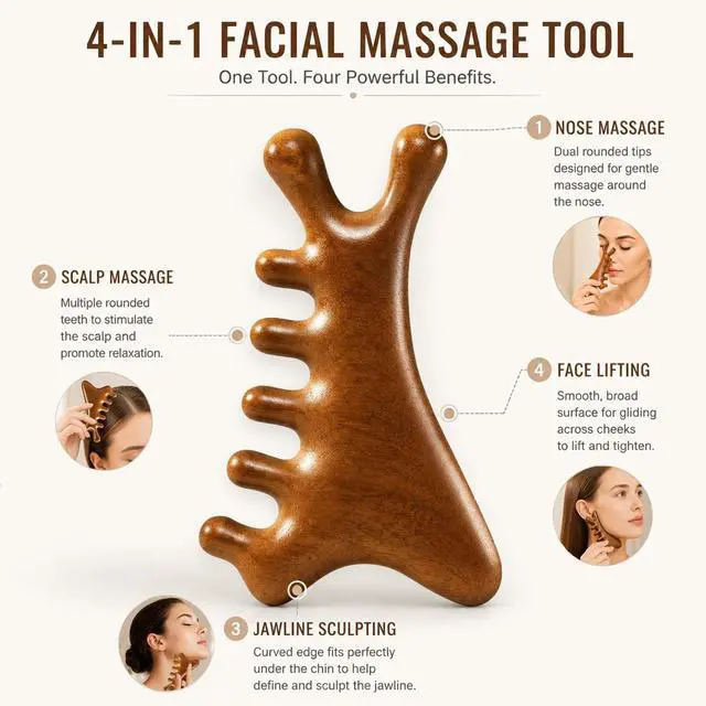 Alt view image 2 of 7 - 4-in-1 Gua Sha Massage Tool, Natural Wood Face Massager | 4-in-1 Massage Design for Head, Face, Eyes & Nose; Jawline Sculpting, Scalp Care & Daily Relaxation at Home or Travel