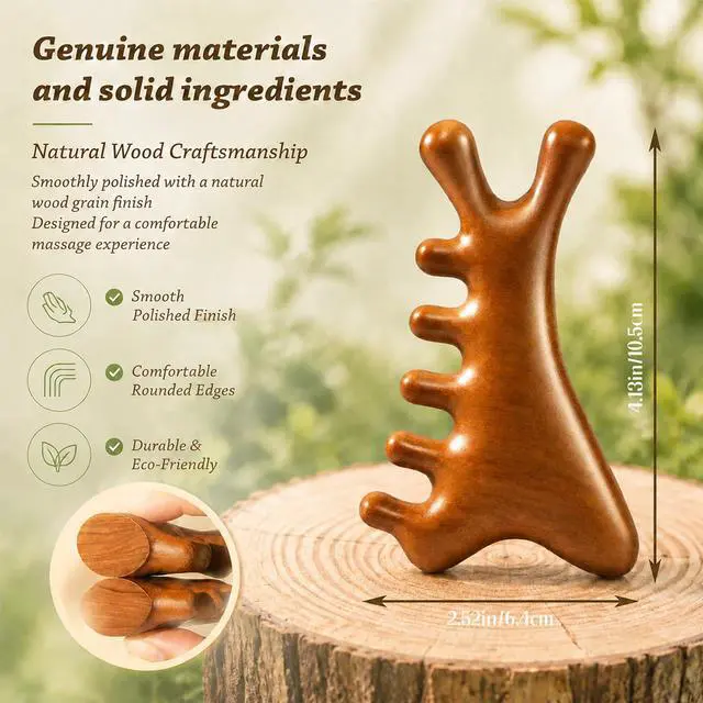 Alt view image 3 of 7 - 4-in-1 Gua Sha Massage Tool, Natural Wood Face Massager | 4-in-1 Massage Design for Head, Face, Eyes & Nose; Jawline Sculpting, Scalp Care & Daily Relaxation at Home or Travel