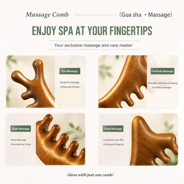 Alt view image 4 of 7 - 4-in-1 Gua Sha Massage Tool, Natural Wood Face Massager | 4-in-1 Massage Design for Head, Face, Eyes & Nose; Jawline Sculpting, Scalp Care & Daily Relaxation at Home or Travel