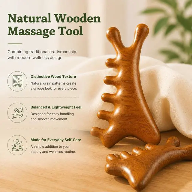 Alt view image 5 of 7 - 4-in-1 Gua Sha Massage Tool, Natural Wood Face Massager | 4-in-1 Massage Design for Head, Face, Eyes & Nose; Jawline Sculpting, Scalp Care & Daily Relaxation at Home or Travel