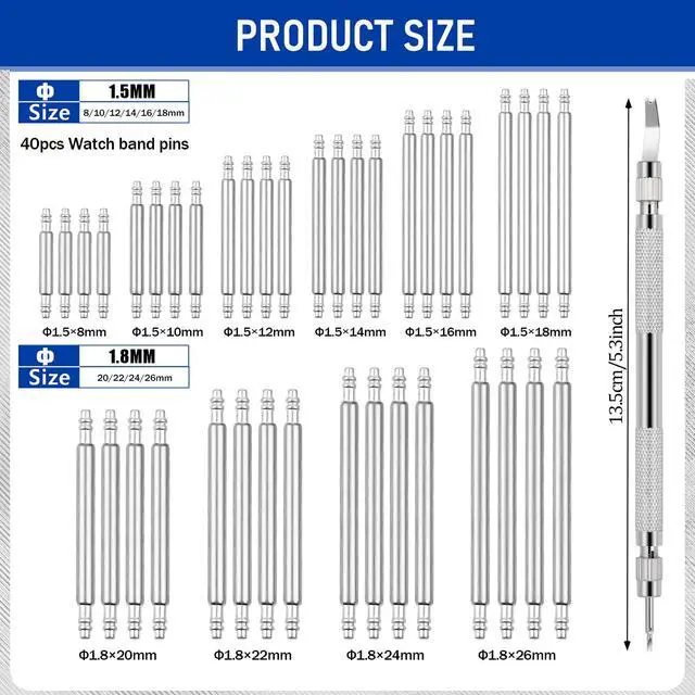 Alt view image 7 of 7 - 41 PCS Watch Pins Replacement Kit with Spring Bar Tool, Watch Band Pins with 40pcs Heavy Duty Stainless Steel Watch Pins, for Watch Repair and Watch Band Removal