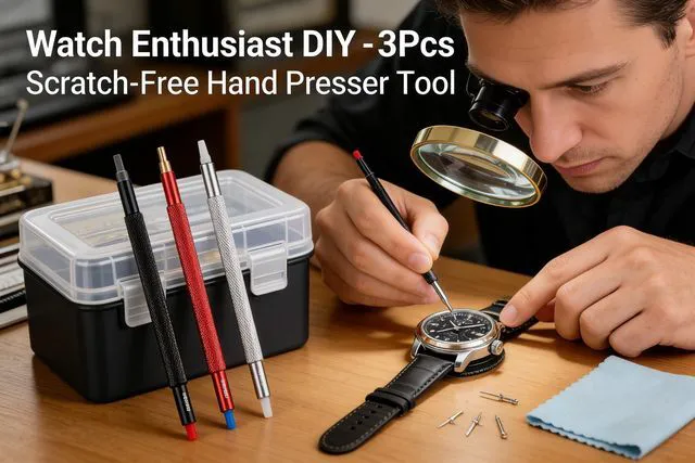 Alt view image 2 of 7 - YOFAN Watch Hand Pressers, 3-Pack Professional Pusher Tool Set for Repair | Metal, 5 hole sizes, polished surface, scratch-free, for watch hands, installation, repair, hobbyists, professionals