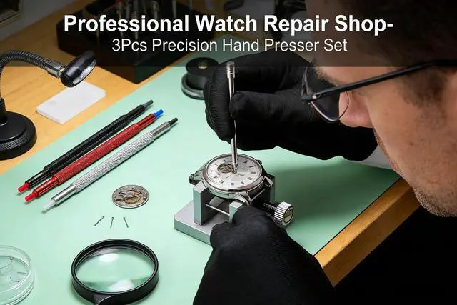 Alt view image 5 of 7 - YOFAN Watch Hand Pressers, 3-Pack Professional Pusher Tool Set for Repair | Metal, 5 hole sizes, polished surface, scratch-free, for watch hands, installation, repair, hobbyists, professionals