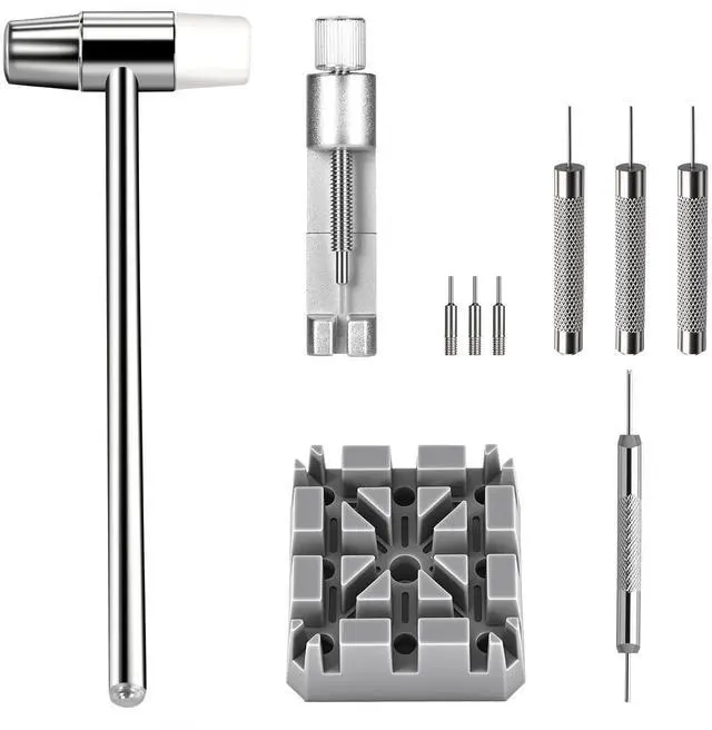 Main image of Watch Link Removal Kit, All Metal Watch Strap Link Removal, Sizing Kit with Pin Punches, Extra Pins, Hammer for Watch Band Strap Adjustment