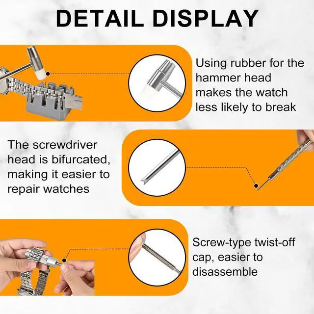 Alt view image 4 of 7 - Watch Link Removal Kit, All Metal Watch Strap Link Removal, Sizing Kit with Pin Punches, Extra Pins, Hammer for Watch Band Strap Adjustment