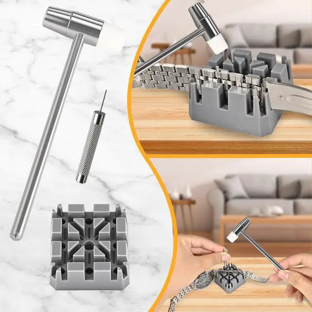 Alt view image 5 of 7 - Watch Link Removal Kit, All Metal Watch Strap Link Removal, Sizing Kit with Pin Punches, Extra Pins, Hammer for Watch Band Strap Adjustment