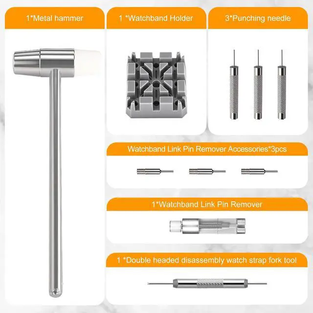 Alt view image 7 of 7 - Watch Link Removal Kit, All Metal Watch Strap Link Removal, Sizing Kit with Pin Punches, Extra Pins, Hammer for Watch Band Strap Adjustment