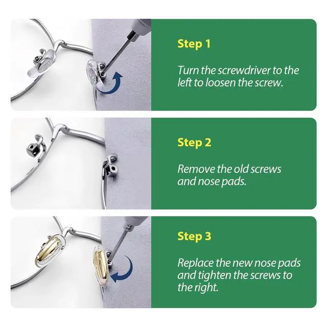 Alt view image 5 of 6 - Metal Core Nose Pads Kit - 5 Pairs Nose Pads, 3 Screw Types, 3-in-1 Screwdriver, Replacement and Eyeglass Repair KitGolden