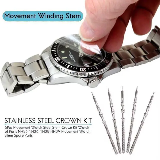 Alt view image 4 of 7 - 5Pcs Silver Movement Watch Steel Stem Crown Kit of Parts for NH35 NH36 NH38 NH39,Stem Spare Parts Kits,Movement Holder,Repair Tools and Kits Watch Accessories
