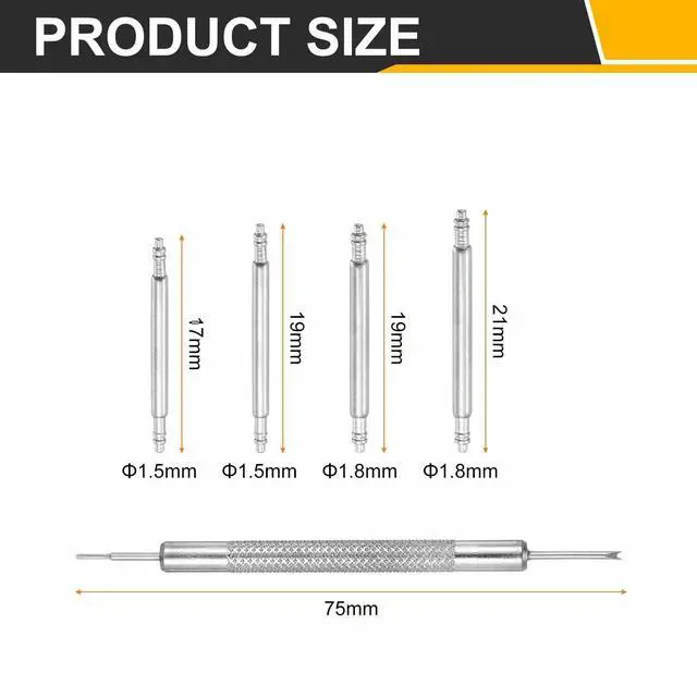 Alt view image 2 of 6 - 16pcs 19/19/17/21mm Watch Spring Bar 1.5mm+1.8mm Thickness Band Pins Double Fringe Stainless Steel Replacement Pin with Removal Tool for Watch Band Link