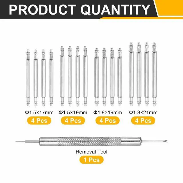 Alt view image 3 of 6 - 16pcs 19/19/17/21mm Watch Spring Bar 1.5mm+1.8mm Thickness Band Pins Double Fringe Stainless Steel Replacement Pin with Removal Tool for Watch Band Link