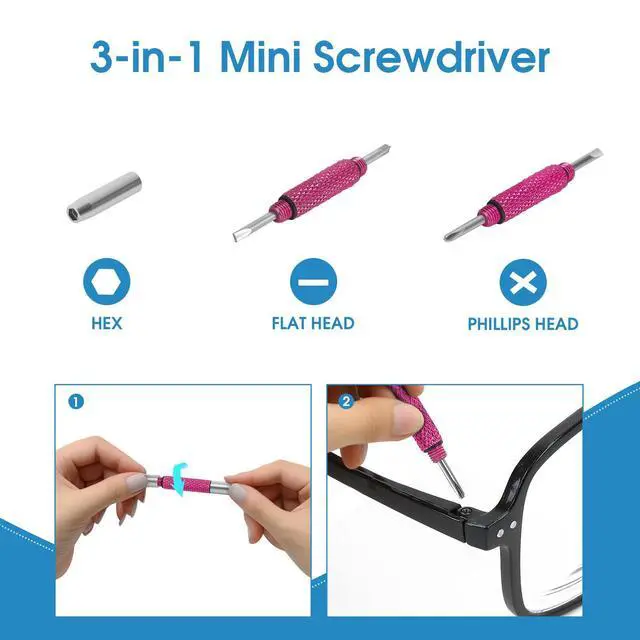 Alt view image 6 of 7 - Eyeglass Screwdriver Repair Kit Pink Precision 3 in 1 Mini Screwdrivers Set Keychain Glasses, Sunglasses, Sunglass, Watch, Electronics, Eyeglasses, Flat Head, Phillips, Hex
