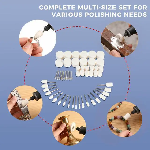 Alt view image 6 of 7 - 100PCS Polishing Wheel Kit, Wool Felt Buffing Wheels | Rotary Tool Accessories, 1/8 Inch Shank, for Jewelry, Metal, Glass, Stone, Acrylic, Watch