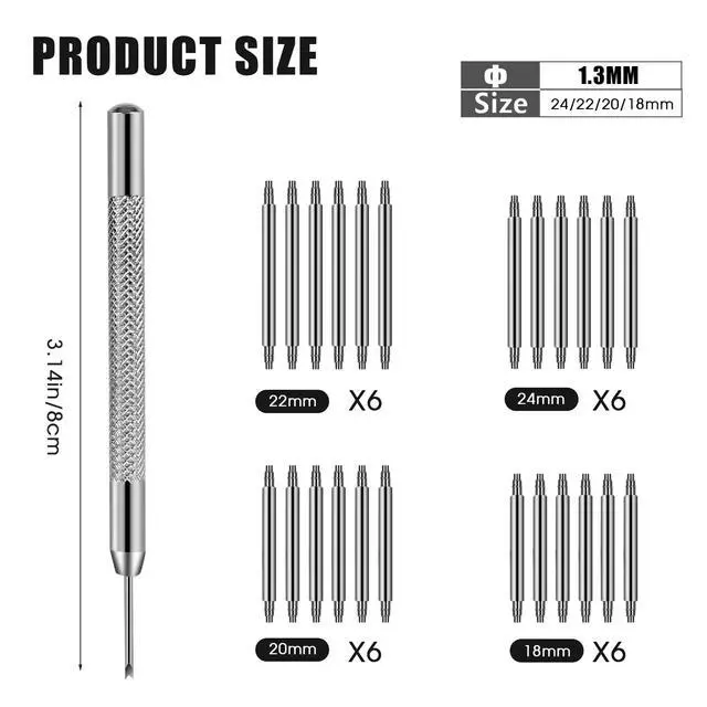 Alt view image 3 of 7 - KALIONE 25 Packs Watch Band Pins Replacement Kit, 1.3mm Diameter Heavy Duty Watch Pin with Spring Bar Removal Tool, 4 Sizes 18/20/22/24mm Stainless Steel Watches Bands Pins Kit for Watches Band Repair