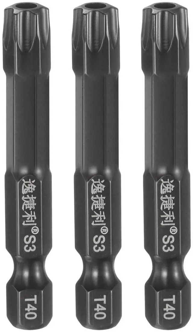 Main image of 3pcs T40 Torx Screwdriver Bit 1/4" Hex Shank 50mm/2" Length S3 Steel Magnetic Tamper Proof Star 6 Point Head Hex Screw Driver Bits, Black