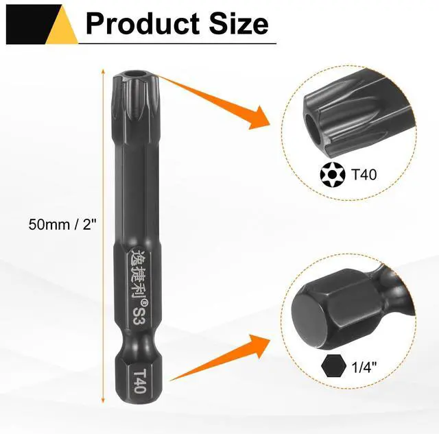 Alt view image 2 of 7 - 3pcs T40 Torx Screwdriver Bit 1/4" Hex Shank 50mm/2" Length S3 Steel Magnetic Tamper Proof Star 6 Point Head Hex Screw Driver Bits, Black