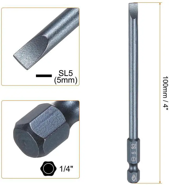 Alt view image 2 of 6 - SL5 Magnetic Slotted Screwdriver Bits 5mm S2 Steel Flat Head Screwdriver Bit 1/4" Hex Shank Screw Driver Drill Bits 100mm (4") Long for Screws