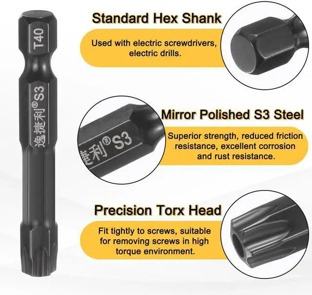 Alt view image 5 of 7 - 3pcs T40 Torx Screwdriver Bit 1/4" Hex Shank 50mm/2" Length S3 Steel Magnetic Tamper Proof Star 6 Point Head Hex Screw Driver Bits, Black