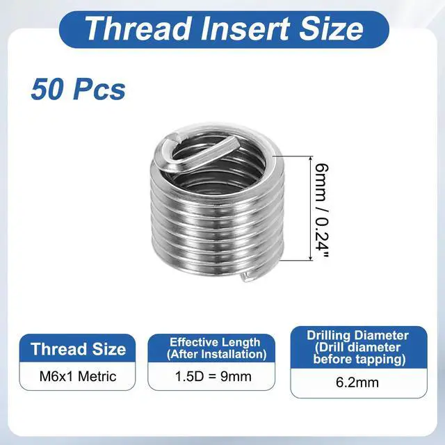 Alt view image 2 of 7 - Wire Thread Inserts M6x1 Metric 1.5D 9mm, 50Pcs 304 Stainless Steel Helical Coiled Wire Screw Threaded Sleeve Sheath for Mechanical Equipment Automotive Repairs