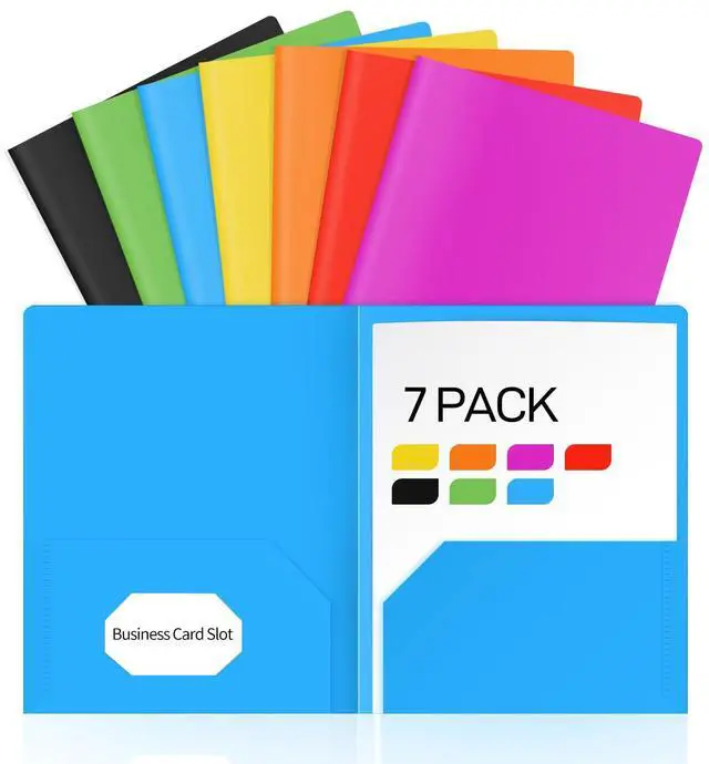Main image of 7 Pack Heavyweight Plastic Folders with Pockets, 7 Distinct Colors, Letter Size 2-Pocket Folders with Card Slot for School Office Home Organization