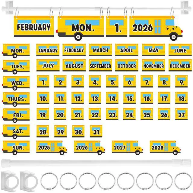 Main image of 65Pcs School Bus Flip Calendar with Holder for Classroom 2026-2027 | Flip Chart Calendar with 54 Bus Shape Date Cards Adjustable Calendar Holder Bulletin Board Teacher Back to School Supplies