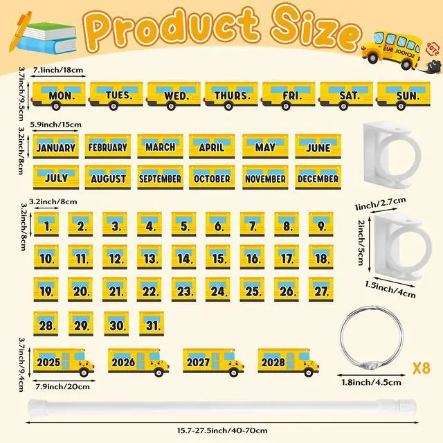 Alt view image 2 of 6 - 65Pcs School Bus Flip Calendar with Holder for Classroom 2026-2027 | Flip Chart Calendar with 54 Bus Shape Date Cards Adjustable Calendar Holder Bulletin Board Teacher Back to School Supplies