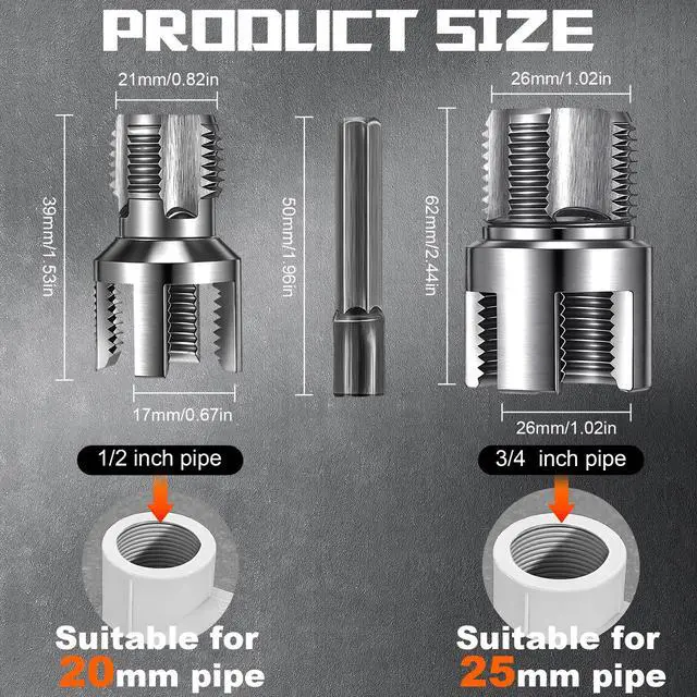 Alt view image 2 of 7 - 2 Pcs Pipe Threader Internal External PVC, 2 Sizes, Silver | Drill Compatible, Rethreading Kit for PVC Plastic Tubes, Dual Cutting Head, Ideal for Plumbing and Threading Repair Jobs