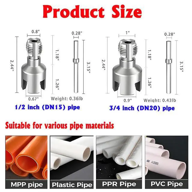 Alt view image 2 of 7 - Pipe Threading Tool Kit with Internal & External Threader, 1/2"+ 3/4" Pipe Sizes,Pipe Thread Cutting Tool, Electric Drill Compatible PVC Pipe Threader Kit, Pipe Sizes Rethreading Tool