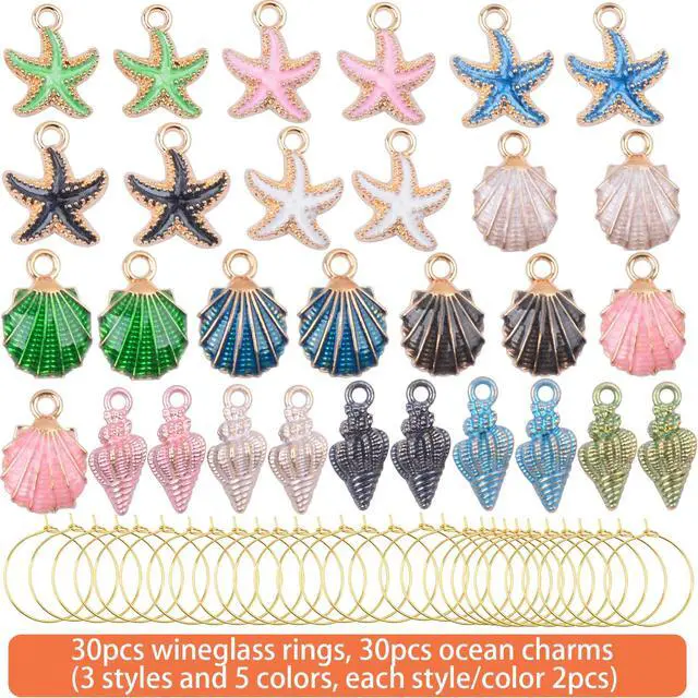 Alt view image 3 of 7 - 30PCS Wine Glass Charms for Stem Glasses, Beach-themed Drink Marker Tags Wine Charm Identifier Ring for Bachelorette Wedding Tasting Party Decoration & Gifts