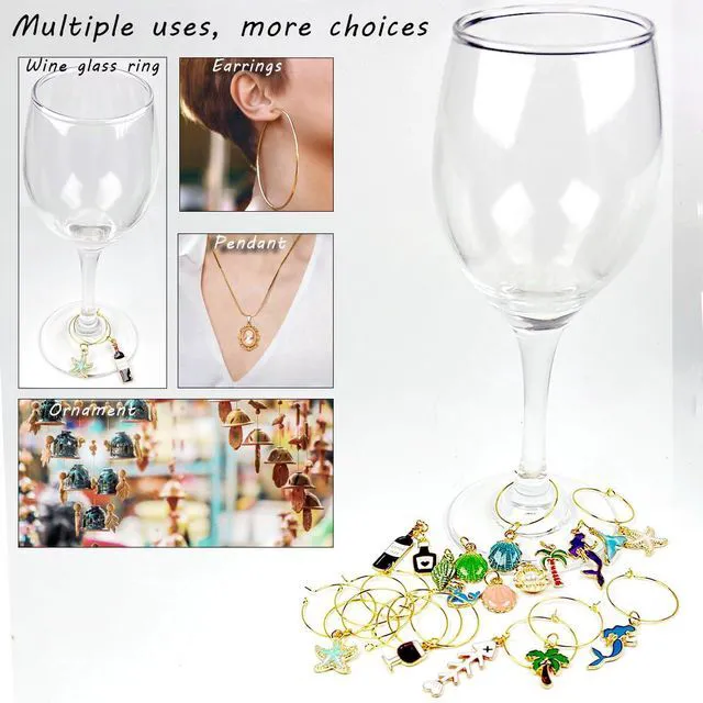 Alt view image 3 of 7 - 18 Pcs Wine Glass Charms, Wine Charms for Stem Glasses, Beach Style Drink Markers, Wine Glass Identifier, Drink Tags, Wine Glass Tags, for Christmas Thanksgiving Birthday Party Wine Glass Decorations