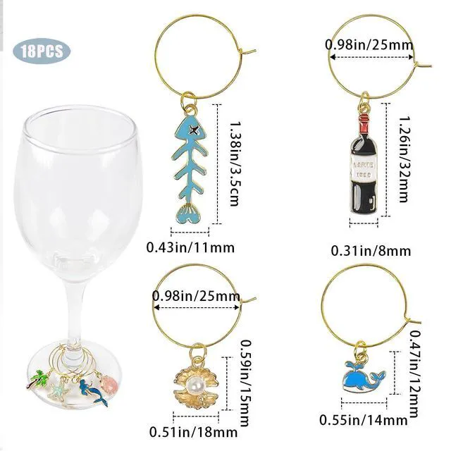 Alt view image 4 of 7 - 18 Pcs Wine Glass Charms, Wine Charms for Stem Glasses, Beach Style Drink Markers, Wine Glass Identifier, Drink Tags, Wine Glass Tags, for Christmas Thanksgiving Birthday Party Wine Glass Decorations