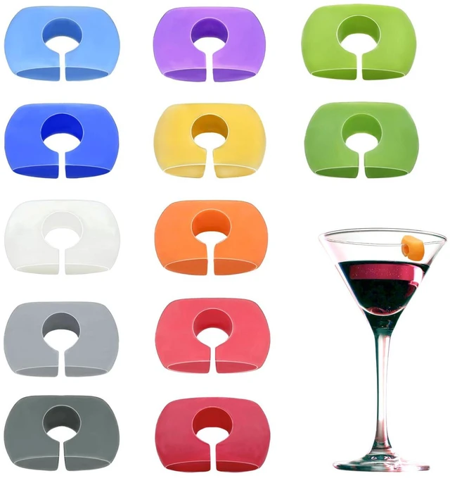 Main image of 12PCS Wine Glass Markers Charms, Reusable Silicone Drink Tags for Wine Glasses, Champagne, Cocktails & Beer Bottles, Colorful Cup Identifiers for Bar, Party, Wedding, Birthday & Home Entertaining