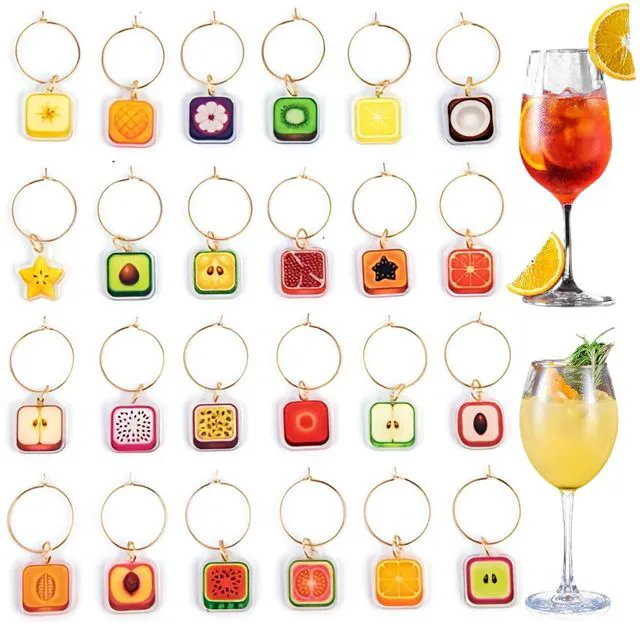 Main image of Qocuzax 24Pcs Wine Glass Charms & Markers - Reusable Identifier Tags for Stem Glasses - Funny Non-Scratch Charms for Summer Beach, Christmas & Wine Party, Fruit Series