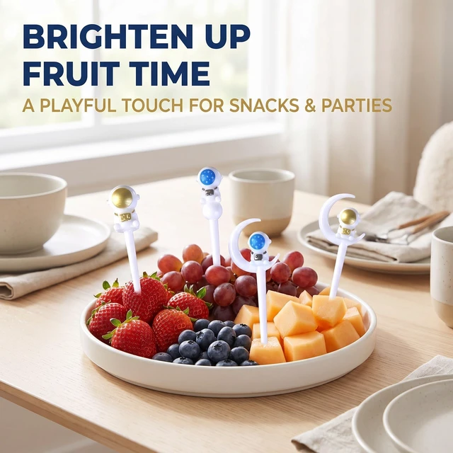 Alt view image 6 of 7 - 8Pcs Astronaut Fruit Fork for Kids, Fun Bento Picks Fruit Food Toothpicks Cocktail Picks green