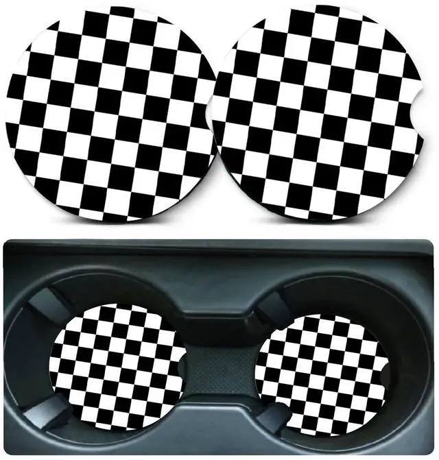 Main image of 2 Pack Black and White Grid Car Cup Holder Coasters Universal Neoprene Mat | 2.75" Universal Size Anti Slip Rubber Mat,Auto Cup Holder Accessories for SUV Truck, Lattice Design Gifts for Women Men Mom