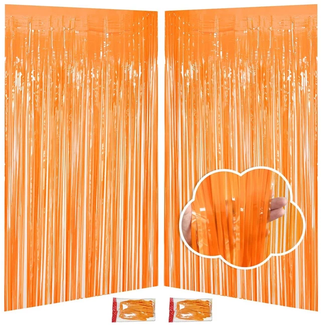 Main image of Orange Fringe Backdrop 3.3x8.2ft, 2 Pack Foil Tinsel Curtains Decor | Metallic Streamers, Easy Peel-and-Stick Installation, Cuttable, for Halloween, Thanksgiving, Friendsgiving, Birthday Party