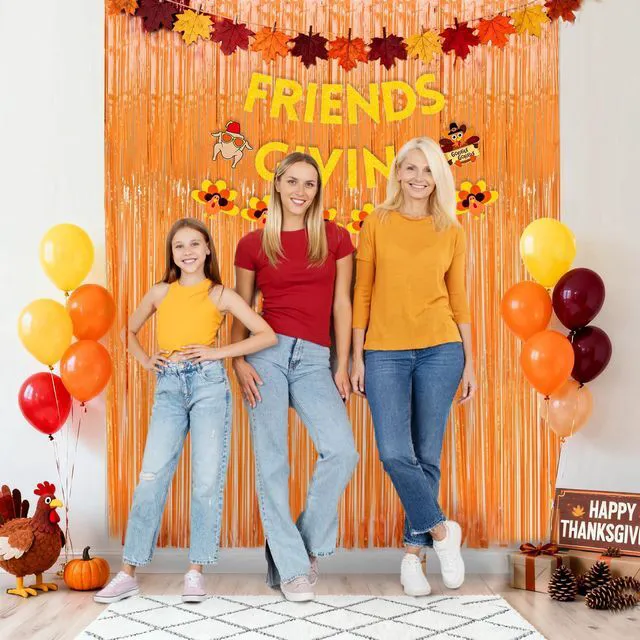 Alt view image 2 of 7 - Orange Fringe Backdrop 3.3x8.2ft, 2 Pack Foil Tinsel Curtains Decor | Metallic Streamers, Easy Peel-and-Stick Installation, Cuttable, for Halloween, Thanksgiving, Friendsgiving, Birthday Party