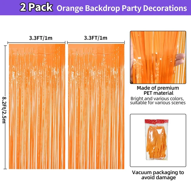 Alt view image 3 of 7 - Orange Fringe Backdrop 3.3x8.2ft, 2 Pack Foil Tinsel Curtains Decor | Metallic Streamers, Easy Peel-and-Stick Installation, Cuttable, for Halloween, Thanksgiving, Friendsgiving, Birthday Party